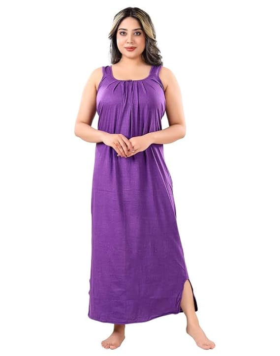 Zairra Purple Sleeveless Cotton Nighty – Maxi Length, Free Size