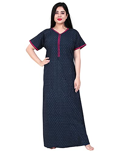 Zairra Women’s Cotton Printed Maxi Nightgown – Navy Blue with Pink Contrast Zipper (Free Size)