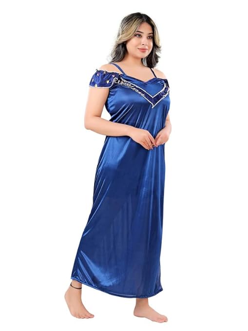 Zairra Satin Maxi Nighty with Matching Robe – Royal Blue, Short Sleeves