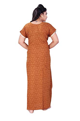 Zairra Printed Cotton Full-Length Nightgown for Women – Rust Orange with Printed Yoke