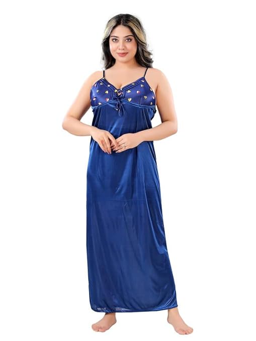 Zairra Sleeveless Satin Solid Maxi Nighty with Robe – Blue, Free Size