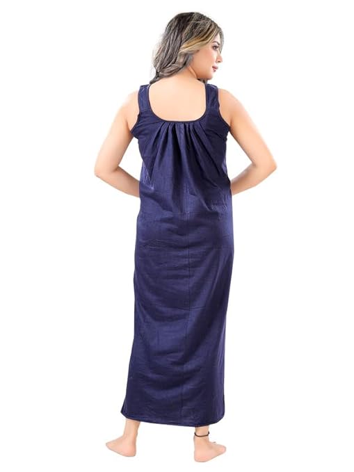 Zairra Sleeveless Cotton Blend Maxi Nighty for Women – Navy Blue, Free Size