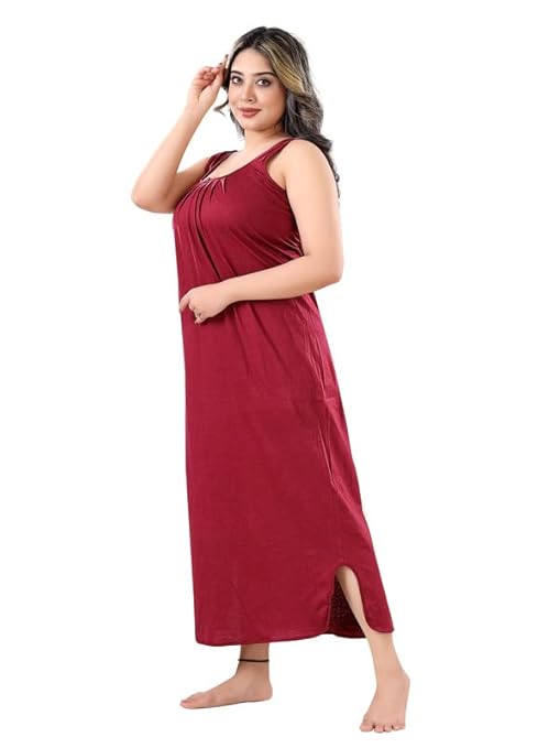 Zairra Sleeveless Cotton Blend Maxi Nighty for Women – Maroon, Free Size