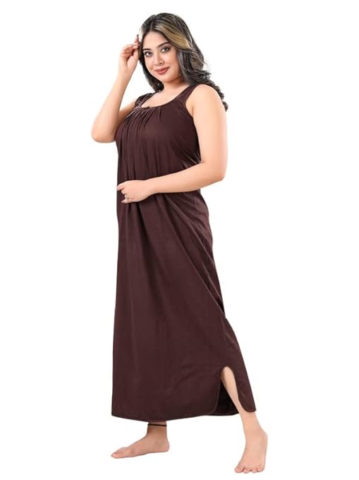 Zairra Sleeveless Cotton Blend Maxi Nighty for Women – Brown, Free Size