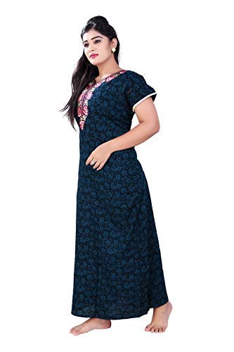 Zairra Embroidered Multicolour Printed Cotton Nightgown – Navy Blue with Pink Embroidered Yoke, Free Size