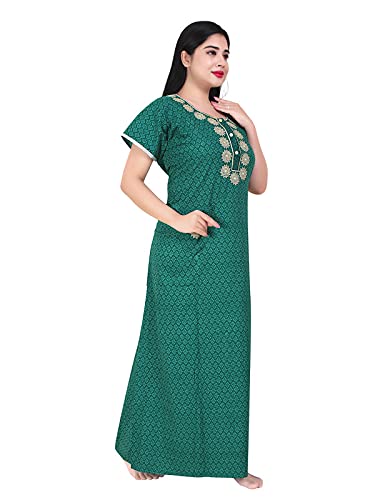 Zairra Women’s Printed Cotton Maxi Nightgown – Green Floral with Front Buttons (Free Size)