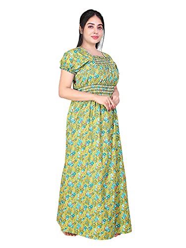 Zairra Women’s Cotton Printed Maxi Nightgown – Mustard Yellow with Blue Floral Print (Free Size)