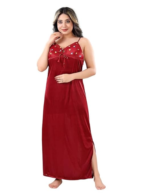 Sleeveless Satin Solid Maxi Nighty with Robe for Women – Red, Free Size