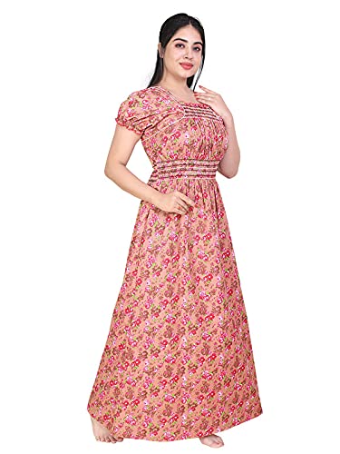 Zairra Women’s Cotton Printed Maxi Nightgown – Peach Floral Design (Free Size)