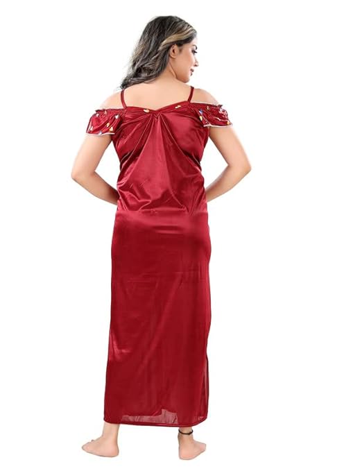 Zairra Satin Solid Maxi Nighty with Matching Robe – Red, Short Sleeves, Free Size