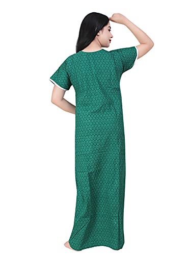 Zairra Women’s Printed Cotton Maxi Nightgown – Green Floral with Front Buttons (Free Size)