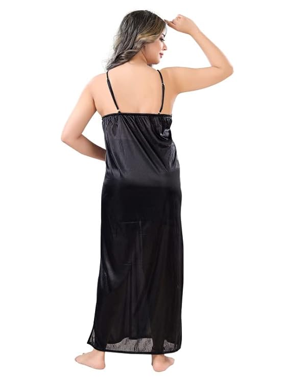 Zairra Sleeveless Satin Maxi Nighty with Matching Robe – Black, Free Size