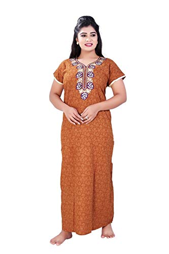 Zairra Printed Cotton Full-Length Nightgown for Women – Rust Orange with Printed Yoke