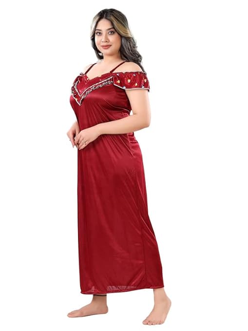 Zairra Satin Solid Maxi Nighty with Matching Robe – Red, Short Sleeves, Free Size