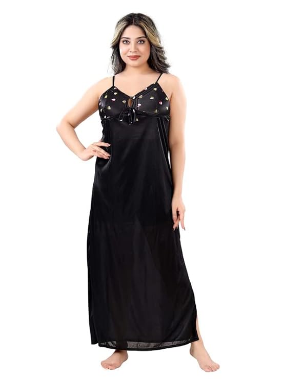 Zairra Sleeveless Satin Maxi Nighty with Matching Robe – Black, Free Size