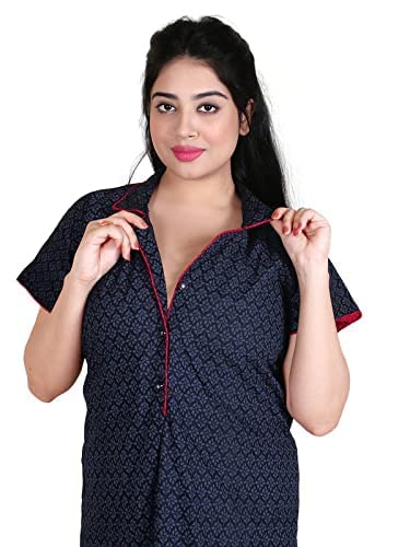 Zairra Stylish Cotton Nightwear for Women – Navy Blue with Red Contrast and Polka Dot Print