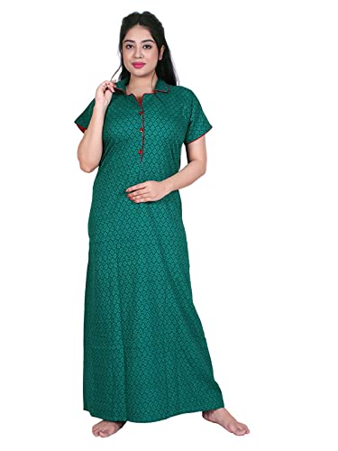 Zairra Green Printed Cotton Nighty with Front Pleats for Women – Free Size, Comfortable Fit