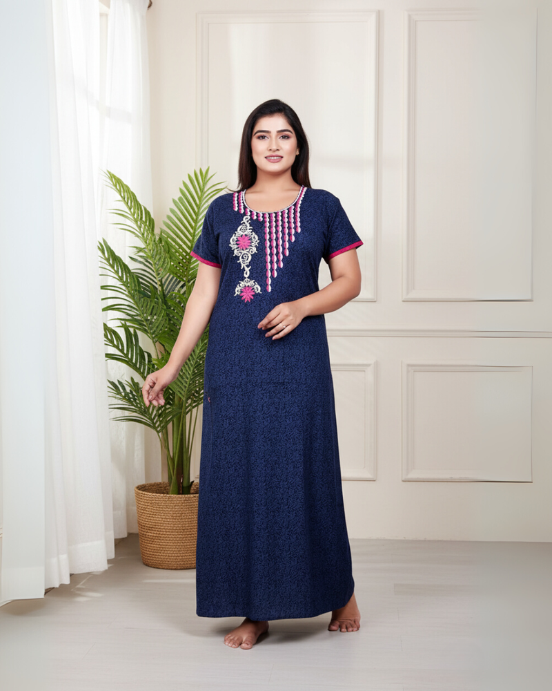 Zairra Women’s Embroidered Cotton Maxi Nightgown – Navy Blue with Pink Floral Yoke Detailing