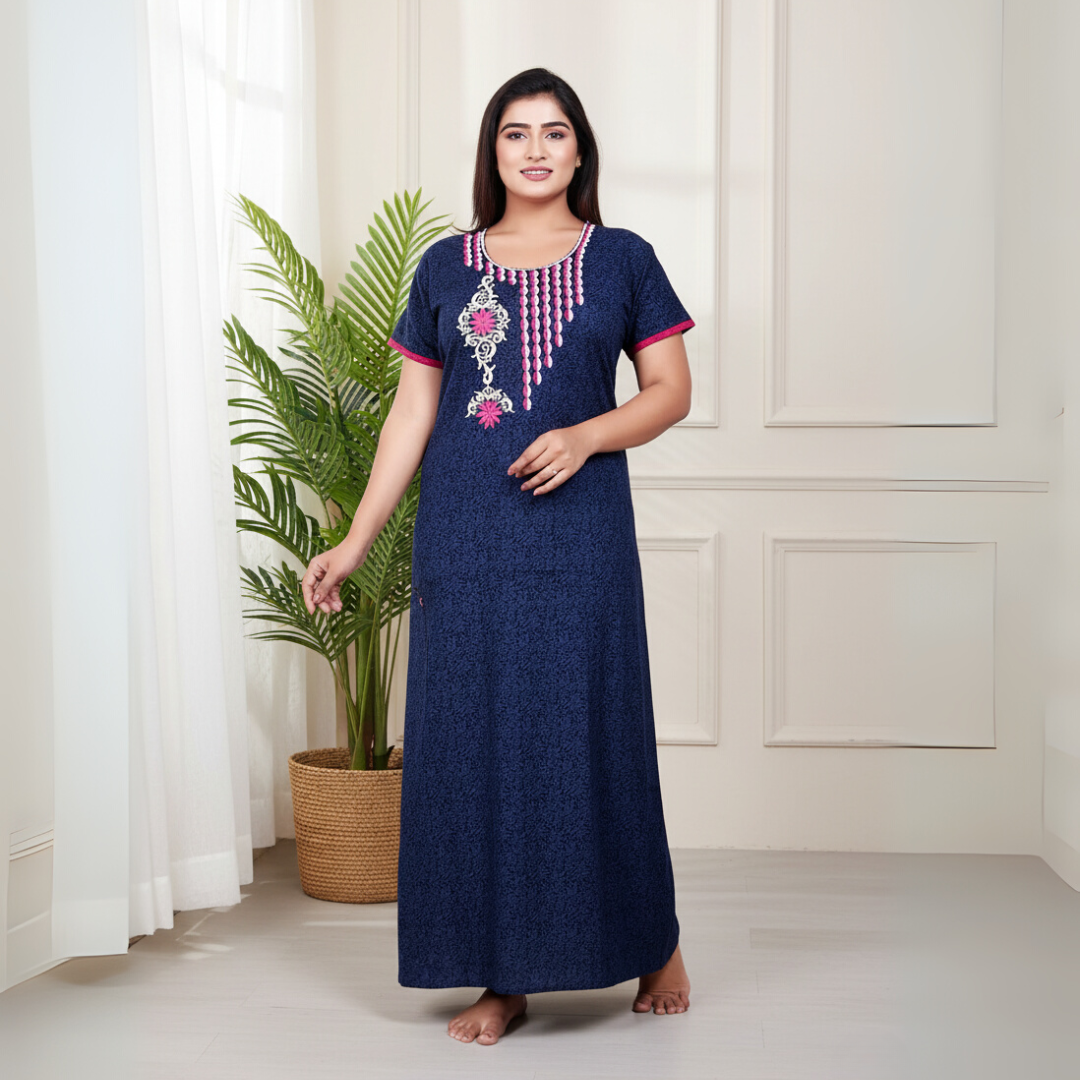 Zairra Women’s Embroidered Cotton Maxi Nightgown – Navy Blue with Pink Floral Yoke Detailing
