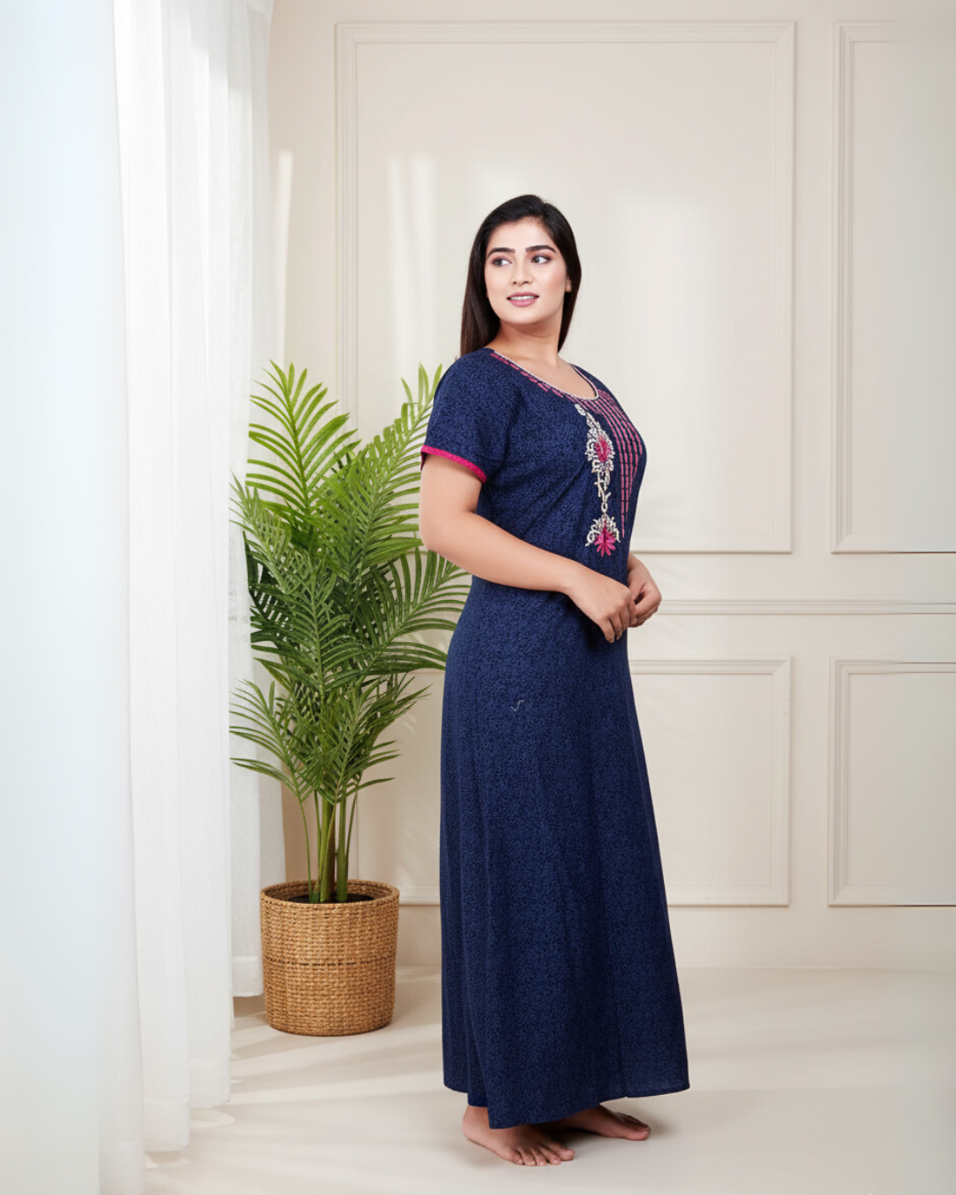 Zairra Women’s Embroidered Cotton Maxi Nightgown – Navy Blue with Pink Floral Yoke Detailing
