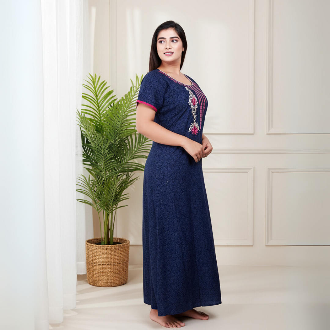 Zairra Women’s Embroidered Cotton Maxi Nightgown – Navy Blue with Pink Floral Yoke Detailing