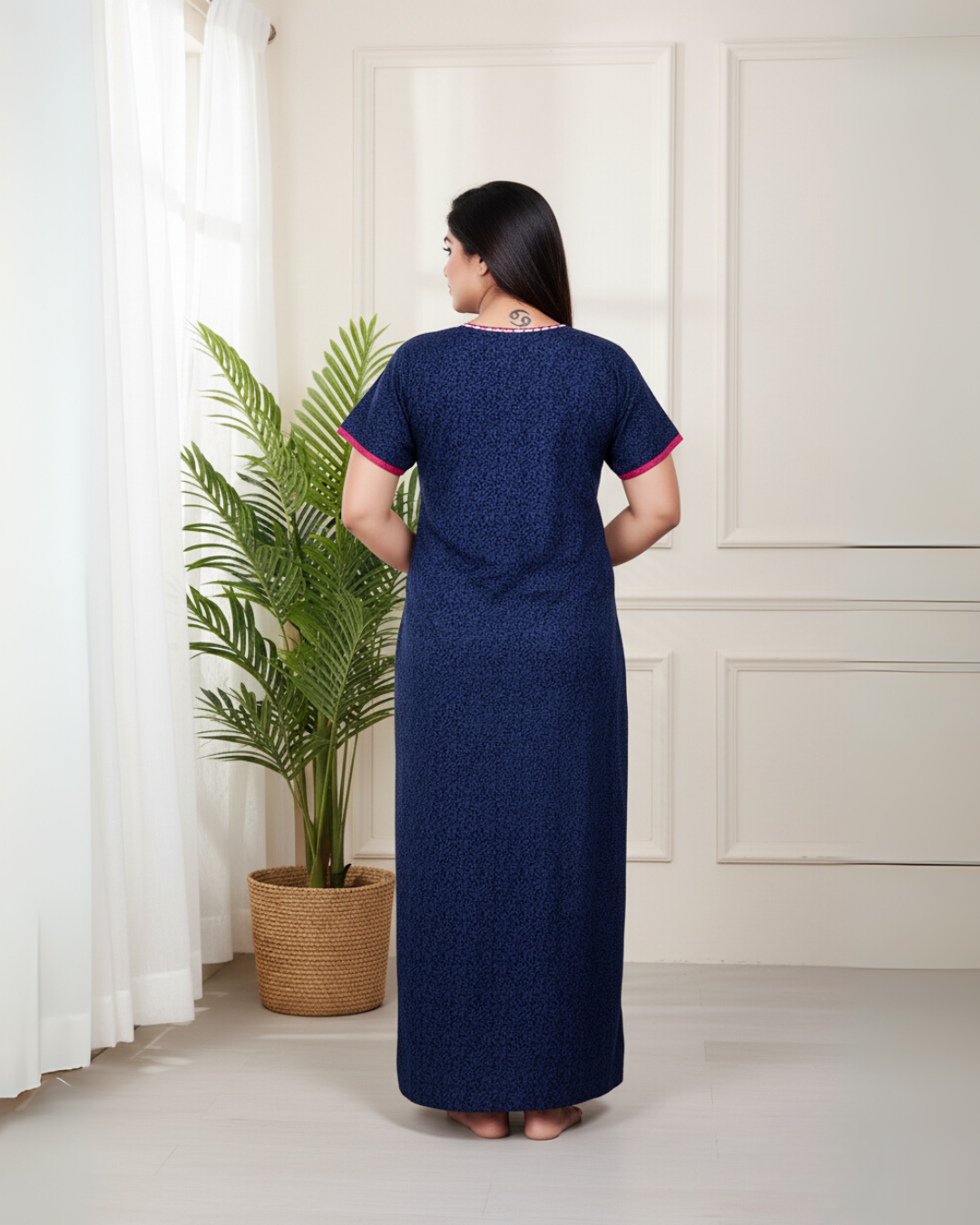 Zairra Women’s Embroidered Cotton Maxi Nightgown – Navy Blue with Pink Floral Yoke Detailing