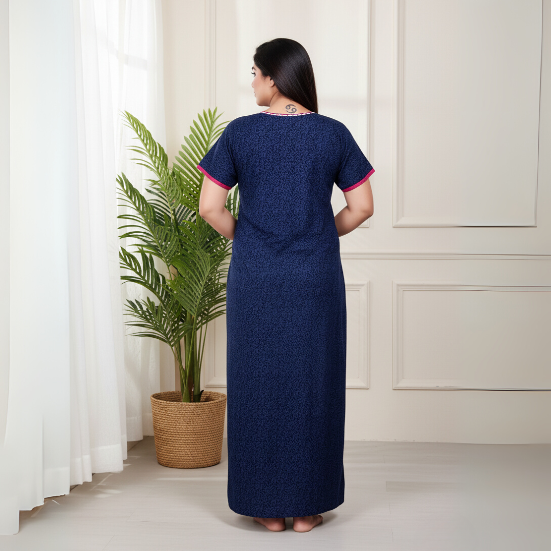 Zairra Women’s Embroidered Cotton Maxi Nightgown – Navy Blue with Pink Floral Yoke Detailing