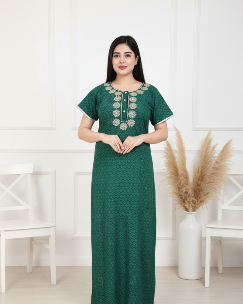 Zairra Women’s Printed Cotton Maxi Nightgown – Green Floral with Front Buttons (Free Size)