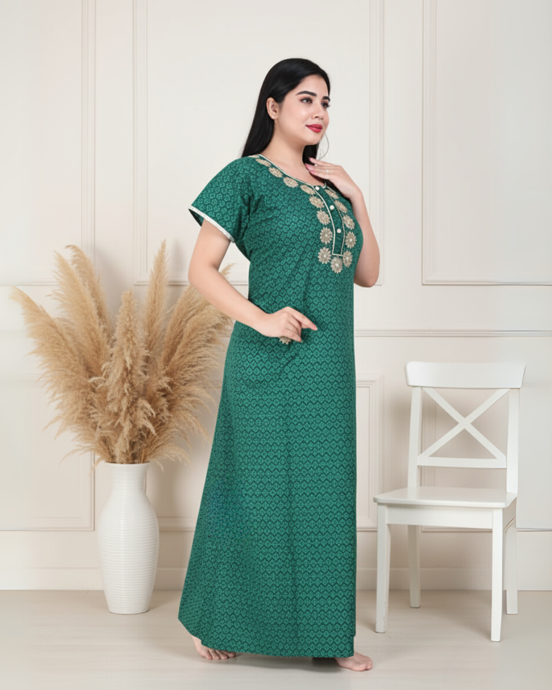 Zairra Women’s Printed Cotton Maxi Nightgown – Green Floral with Front Buttons (Free Size)