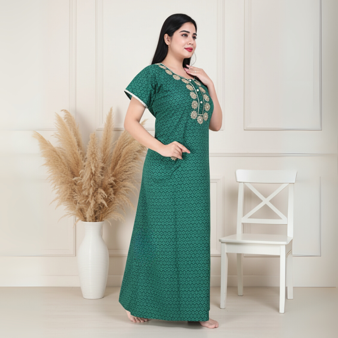 Zairra Women’s Printed Cotton Maxi Nightgown – Green Floral with Front Buttons (Free Size)