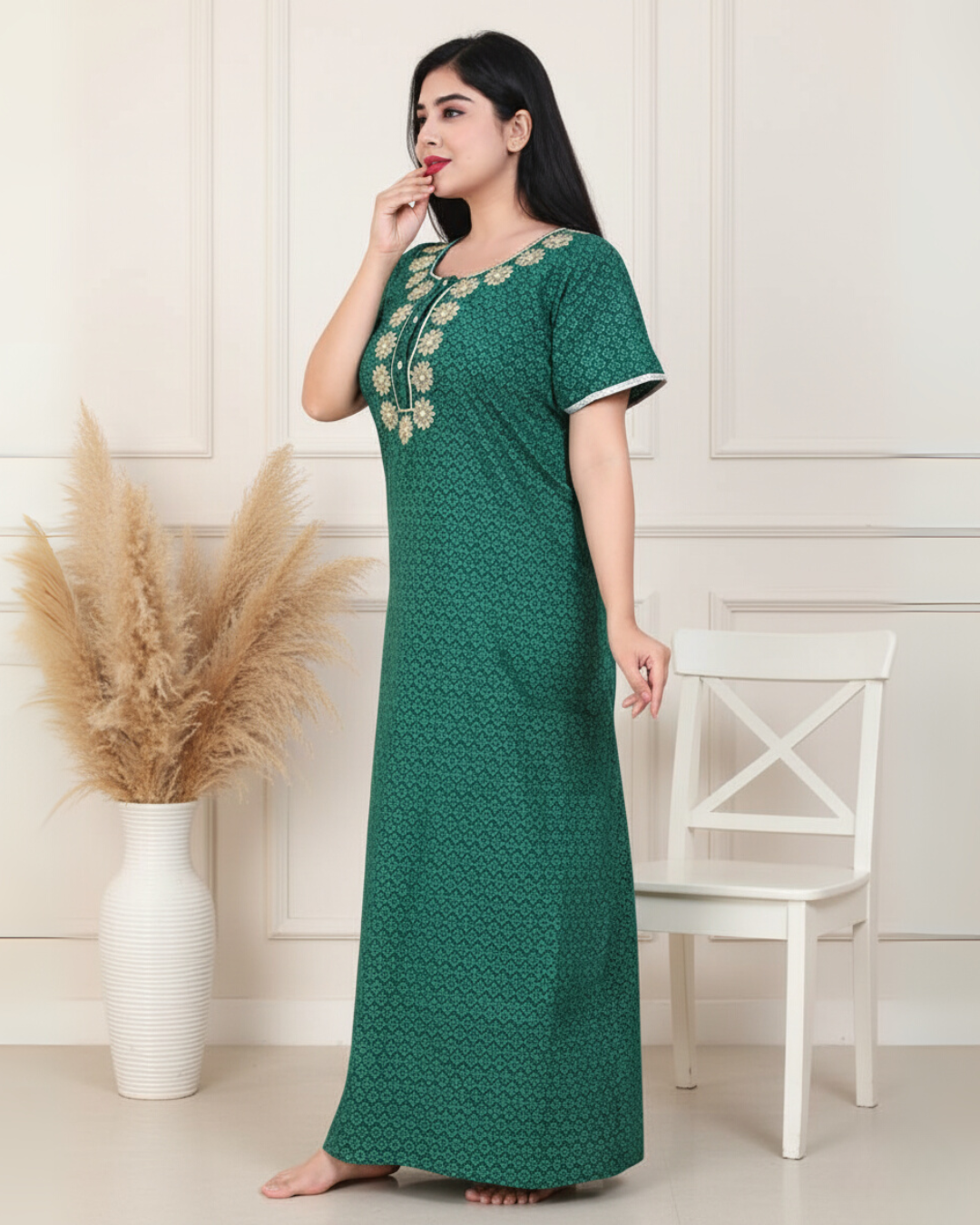 Zairra Women’s Printed Cotton Maxi Nightgown – Green Floral with Front Buttons (Free Size)