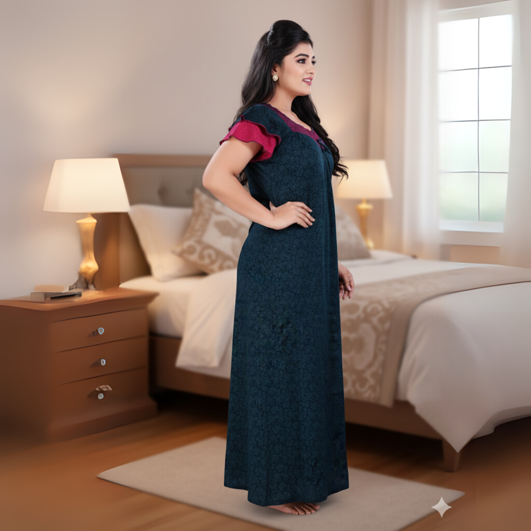 Zairra Embroidered Cotton Full-Length Nightgown for Women – Blue with Magenta Yoke and Frill Sleeves, Free Size