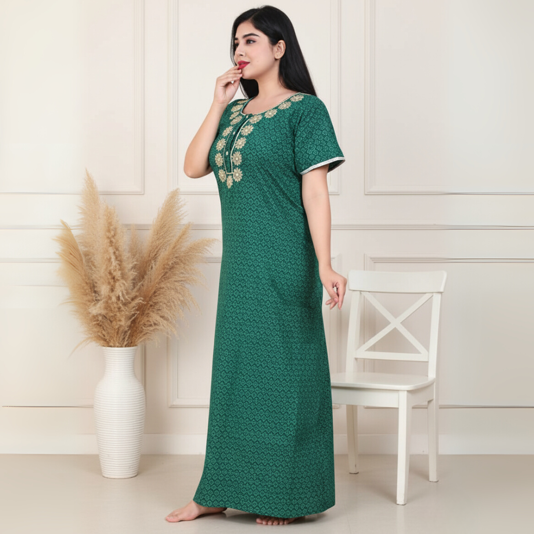 Zairra Women’s Printed Cotton Maxi Nightgown – Green Floral with Front Buttons (Free Size)