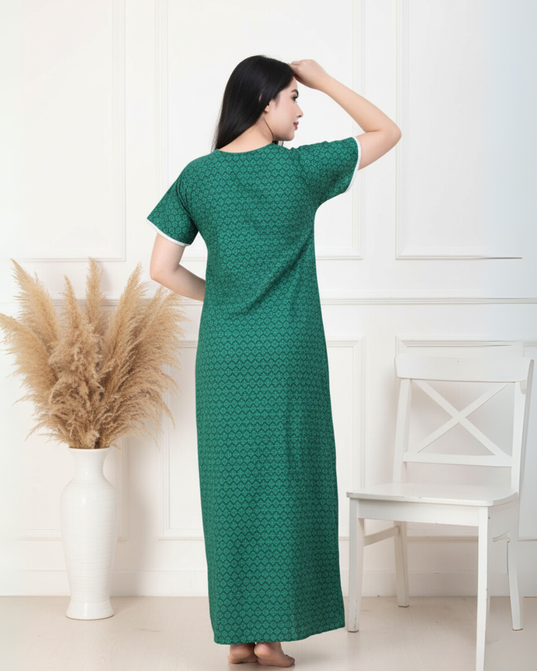 Zairra Women’s Printed Cotton Maxi Nightgown – Green Floral with Front Buttons (Free Size)