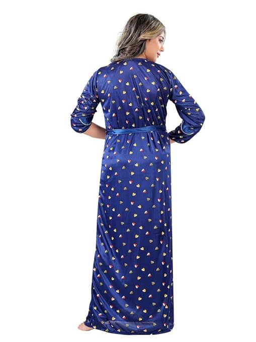 Zairra Sleeveless Satin Solid Maxi Nighty with Robe – Blue, Free Size