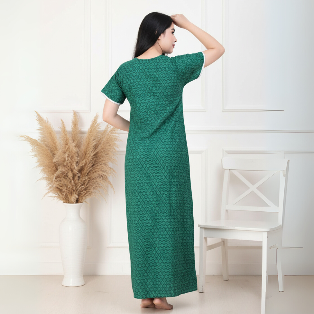 Zairra Women’s Printed Cotton Maxi Nightgown – Green Floral with Front Buttons (Free Size)