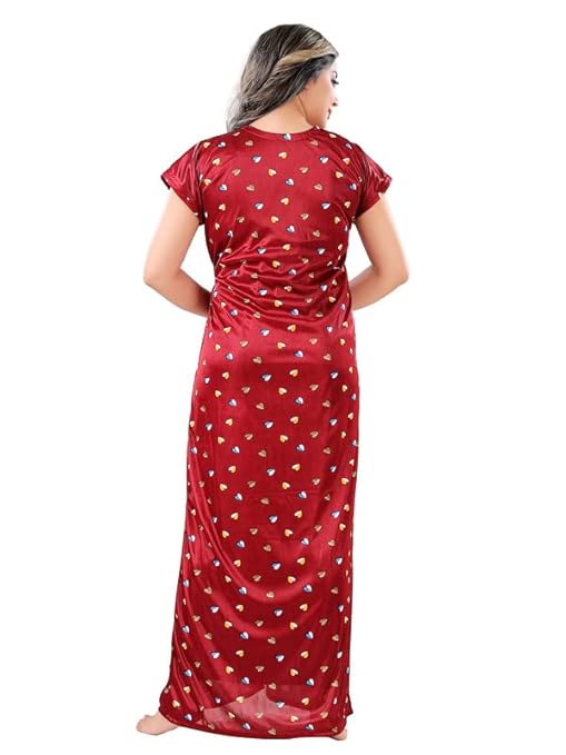 Zairra Satin Solid Maxi Nighty with Matching Robe – Red, Short Sleeves, Free Size
