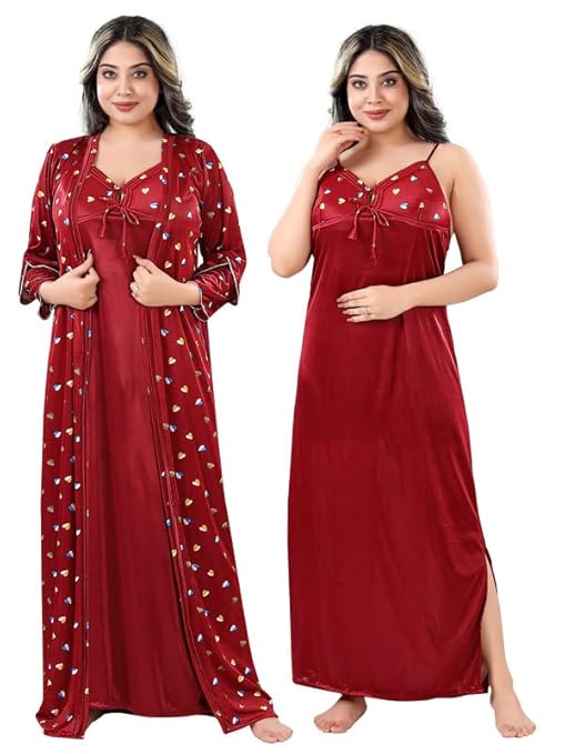 Sleeveless Satin Solid Maxi Nighty with Robe for Women – Red, Free Size