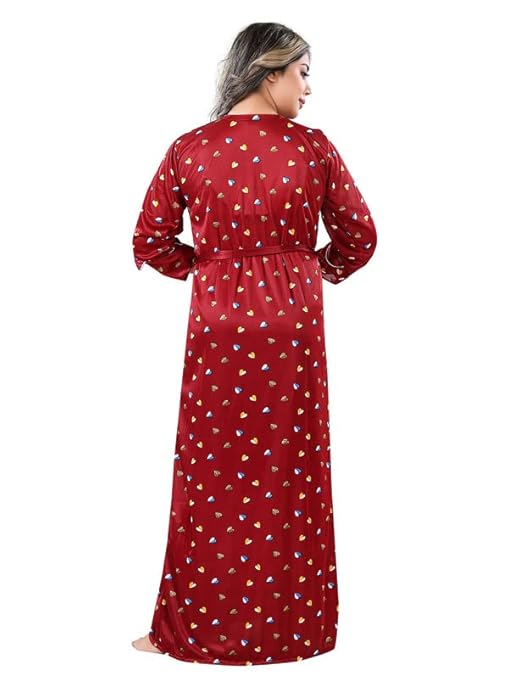 Sleeveless Satin Solid Maxi Nighty with Robe for Women – Red, Free Size