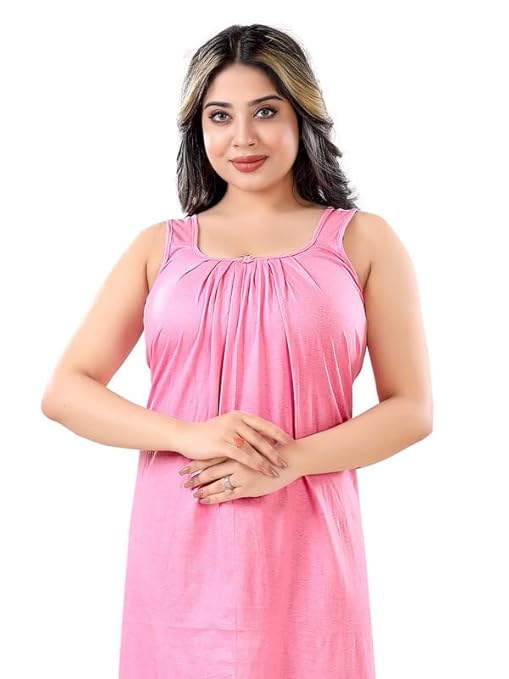 Zairra Sleeveless Cotton Blend Maxi Nighty for Women – Baby Pink, Free Size