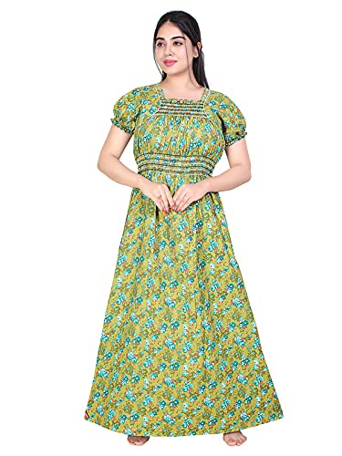 Zairra Women’s Cotton Printed Maxi Nightgown – Mustard Yellow with Blue Floral Print (Free Size)