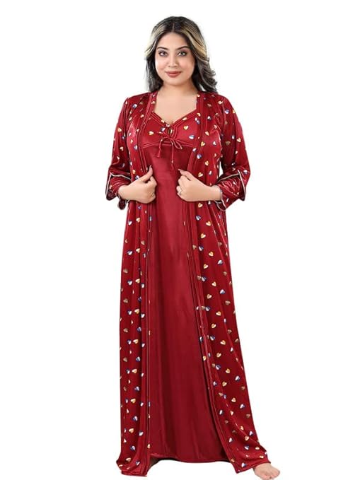 Sleeveless Satin Solid Maxi Nighty with Robe for Women – Red, Free Size
