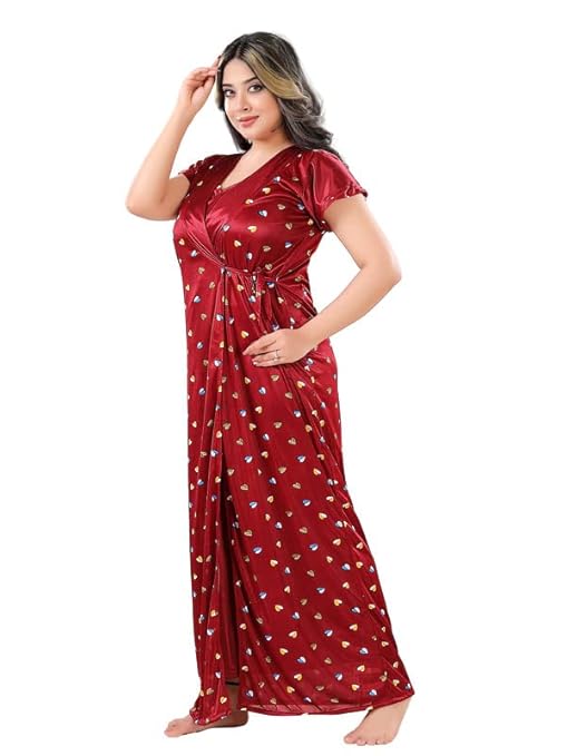 Zairra Satin Solid Maxi Nighty with Matching Robe – Red, Short Sleeves, Free Size
