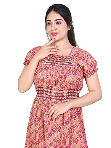 Zairra Women’s Cotton Printed Maxi Nightgown – Peach Floral Design (Free Size)