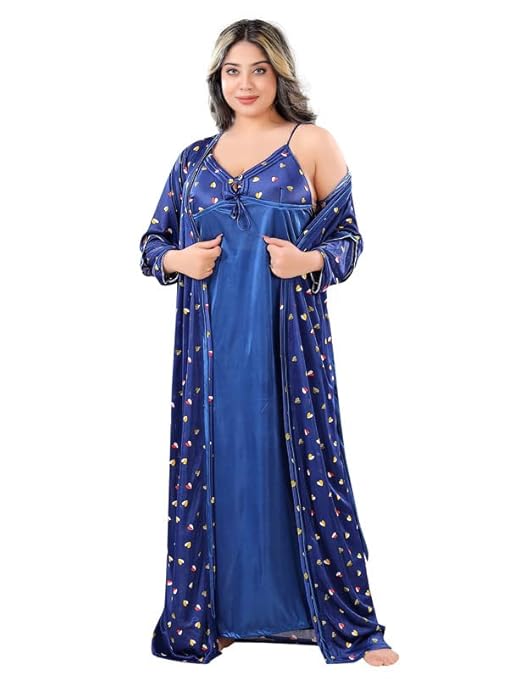 Zairra Sleeveless Satin Solid Maxi Nighty with Robe – Blue, Free Size