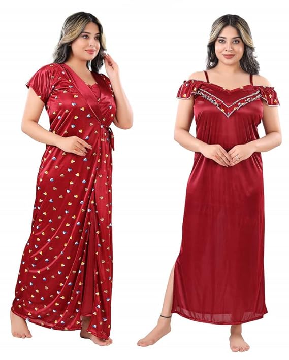 Zairra Satin Solid Maxi Nighty with Matching Robe – Red, Short Sleeves, Free Size