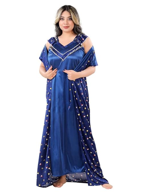 Zairra Satin Maxi Nighty with Matching Robe – Royal Blue, Short Sleeves