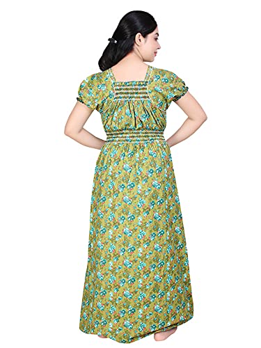 Zairra Women’s Cotton Printed Maxi Nightgown – Mustard Yellow with Blue Floral Print (Free Size)