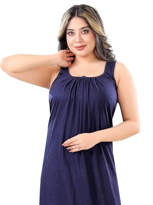 Zairra Sleeveless Cotton Blend Maxi Nighty for Women – Navy Blue, Free Size