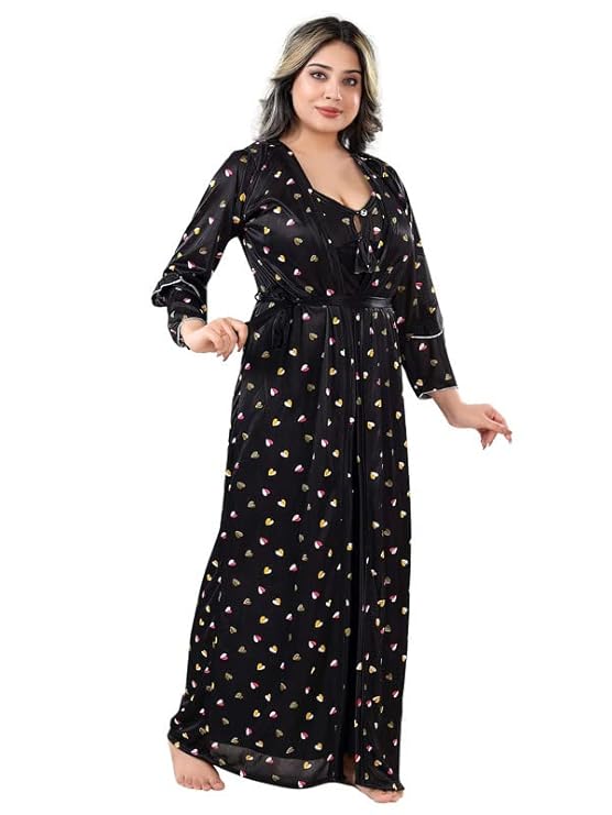 Zairra Sleeveless Satin Maxi Nighty with Matching Robe – Black, Free Size